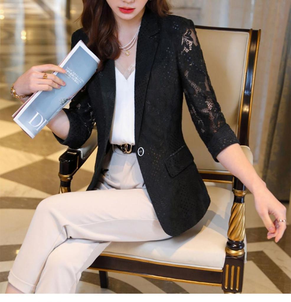 Women's Lace Suit Jacket - Slim Fit, Korean Style, Spring/Autumn 2025 Fashion