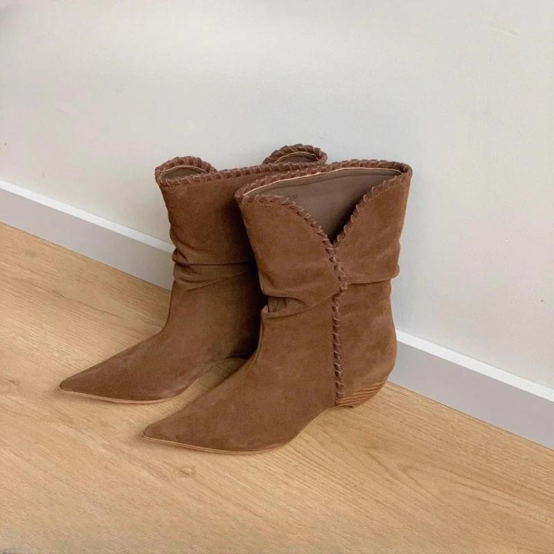 Herbst Neue Spitzschuh Wildleder Ärmel Rutschfest Verschleißfest Einzelne Schuhe Geformter Absatz Mid-Calf Stiefel