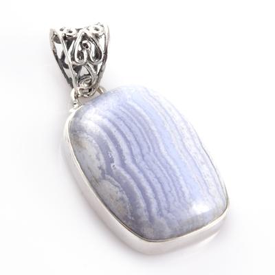 Natürlicher Blauer Spitzenachat Edelstein 925 Massiv Sterlingsilber Anhänger 1,5" M8u41