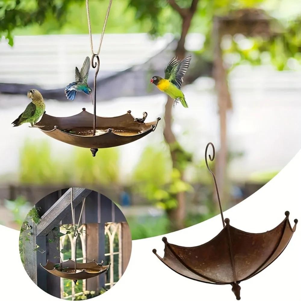 Hanging Bird Feeder and Bath Umbrella Shaped Wild Bird Tray for Outdoors Hummingbird Feeder for Outside Metal Water Bowl Garden