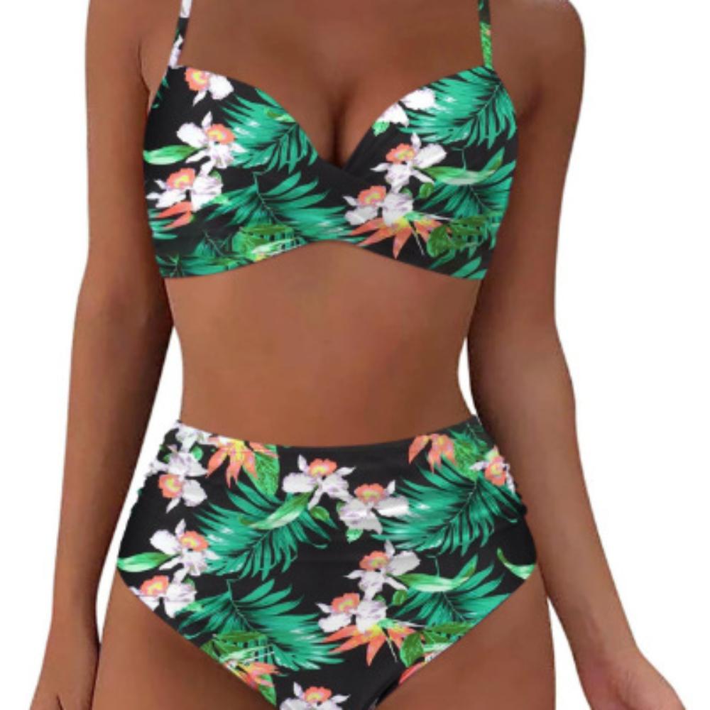 Bikini-Badeanzug mit hoher Taille für Damen, Bademode, gepolstert, Push-Up, gerüschter Badeanzug, Bikini-Set für Damen