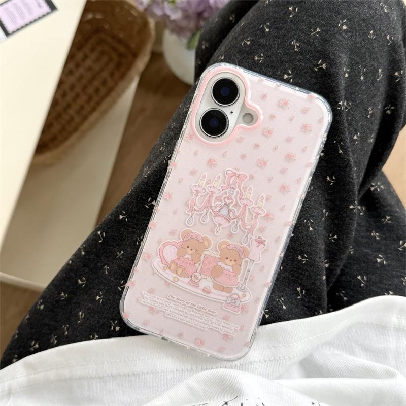 Cute Kawaii Pink Plaid Teddy Bear Phone Case For iPhone 16 15 14 13 Glitter Chandelier Print Protective Cover for Girls