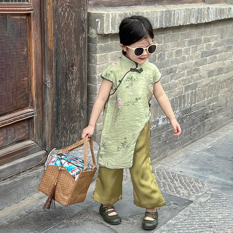 Elegant Chinese Style Summer Outfit For Girls Featuring Beautiful Floral Qipao Top And Stylish Pants Set For Ages 3 To 8 Years