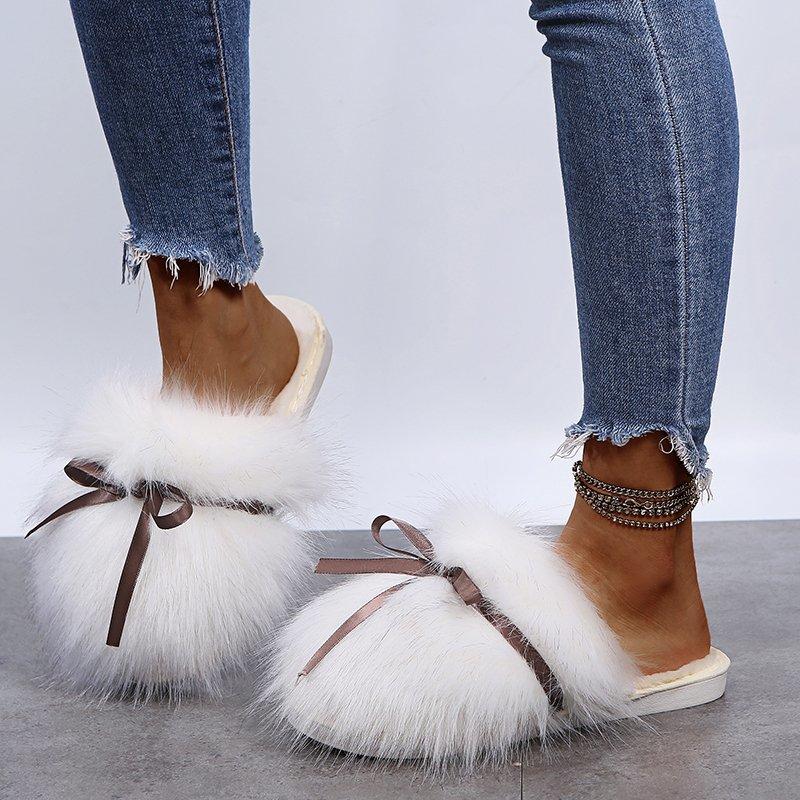 Sweet Bowknot Mix Color Faux Fur Slides Women 2025 Autumn Warm Short Plush Outdoor Slippers Soft Sole Cotton Mules Slippers