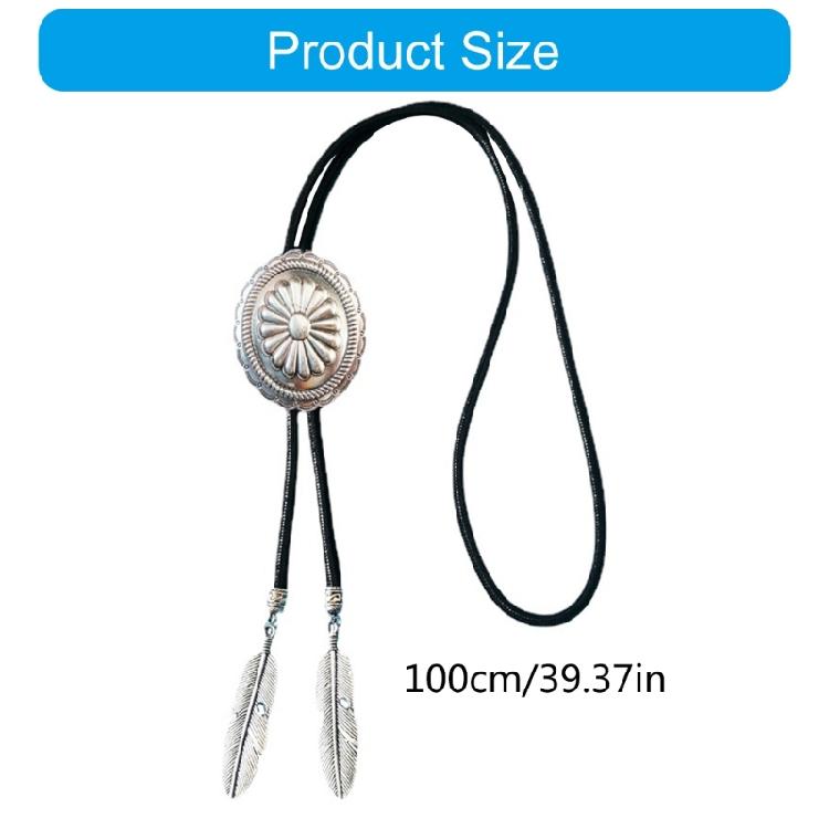 Western Cowboy Vintage Metal Flower Bolo Tie Adjustable Braided Rope Necktie Feathered Pendant Charm Jewelry Necklace