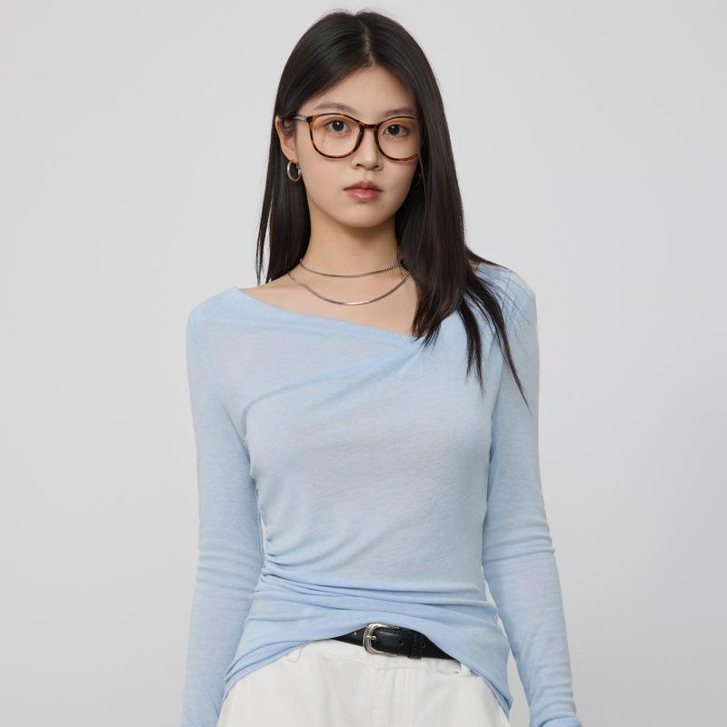 

Korean Style Autumn Pleated Slanted Neck Long Sleeve Slimming Women s Top S (Weight 80-95 kg) светло-синий