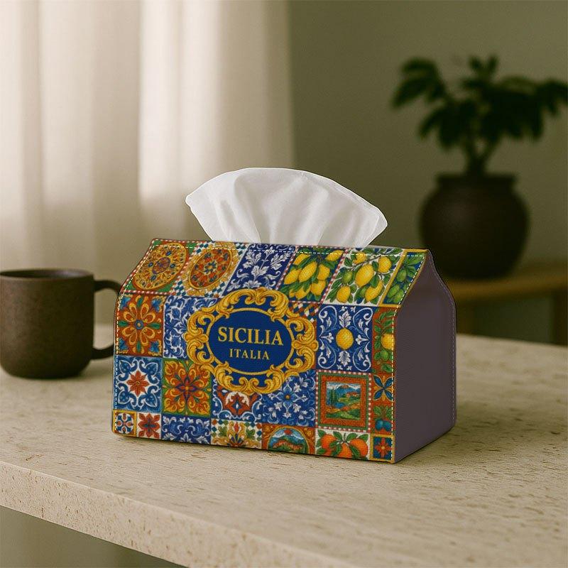 1pc, 2d Flat Printing, Mediterranean Tile Design Tissue Box Cover- Sicily Ornament Blue&Orange Pattern Tissue Box Holder, Multi-Functional Tissue Hold
