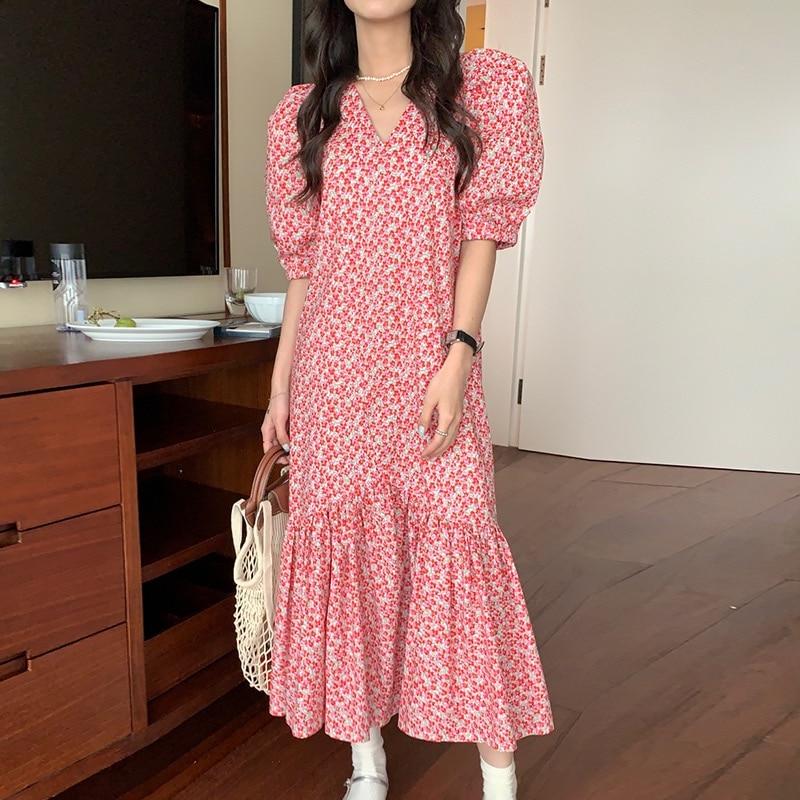 

2026 Casual Chic Party Dresses Elegant Ruffle Puff Short Sleeve Dress For Women Summer Sweet V-neck Loose Floral Dress 27303 XXXL оріон кольору
