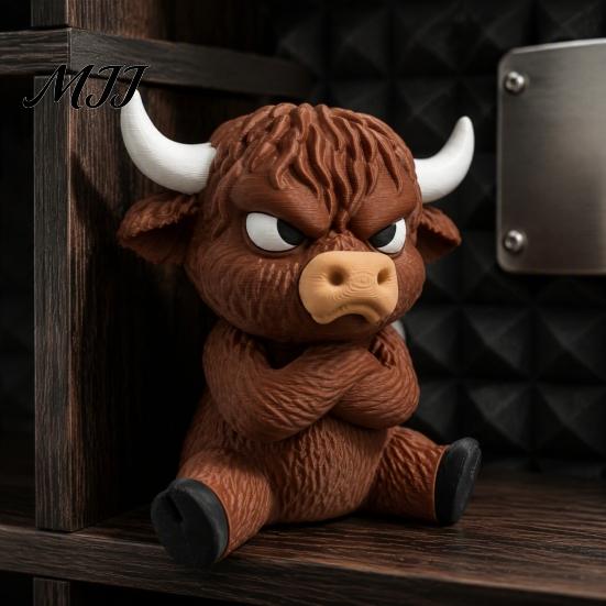 Artistic Hair Detail Ornament 3D Printed Angry Highland Cow Figurine, Cute Attitude Animal Desktop Three Dimensional Sitting Figurine Ornament, Statue