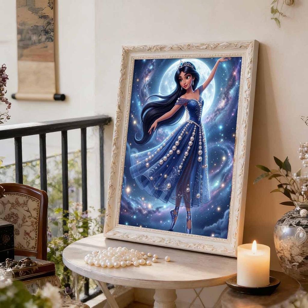 Disney Aladdin Princess Jasmine Long Black Curly Hair Exotic Arab Style Pearl-encrusted Outfit Pearl Puzzle. Handmade Decorative Gift for Home