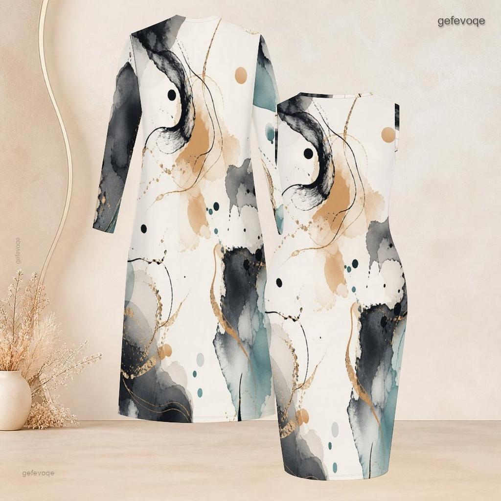 Women Plus Size Printed Two Piece Set Long Sleeve Open Front Cardigan Sleeveless Bodycon Dress