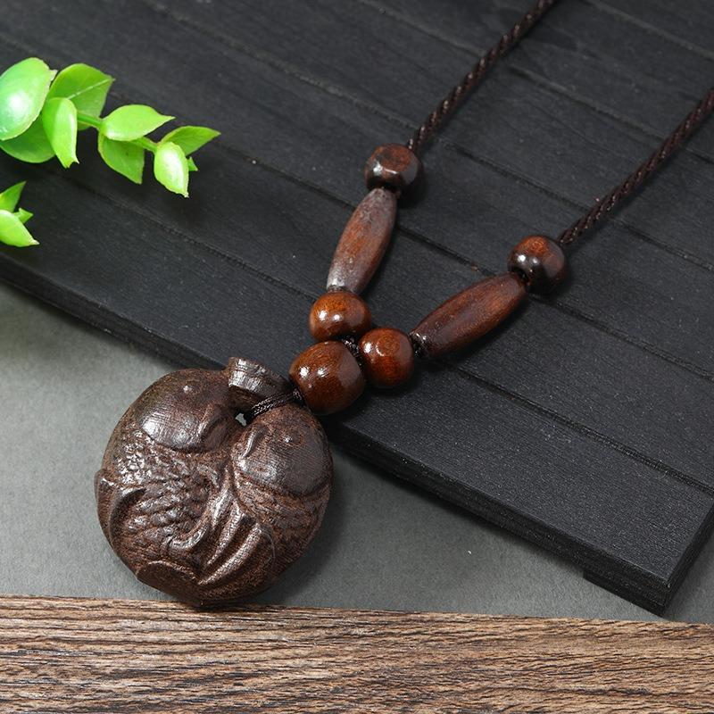 Hand-carved Mahogany Necklace Retro Femininity Long Autumn and Winter Sweater Chain Cotton and Linen Accessories