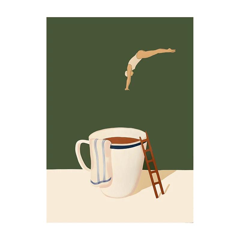 Plakát Coffee Diver Malba na plátno Coffee Trendy Kuchyňská Galerie Tisk Nástěnné Umění Obrázek pro Dekoraci Domova Dárek pro Milovníka Kávy
