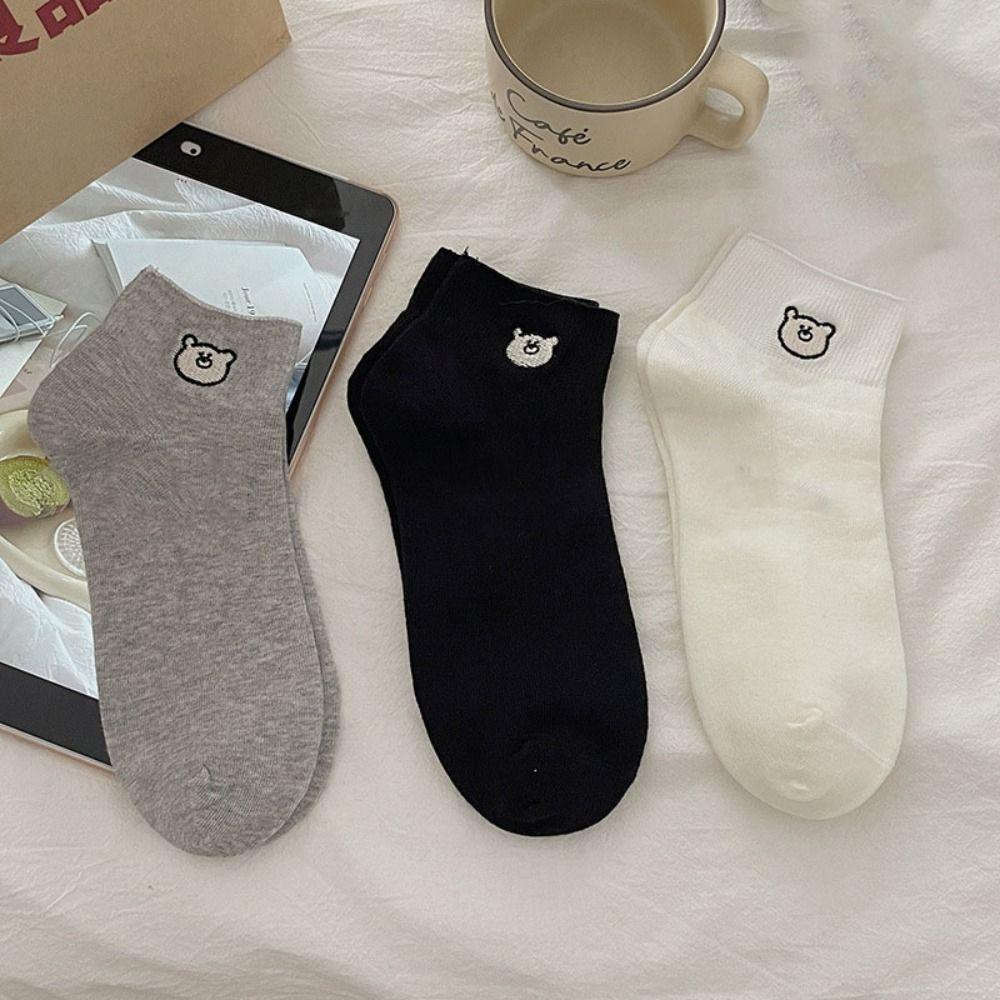 3Pairs Sweet Embroidered Bear Socks Thin Short Tube Socks Women Soft Sweet Ankle Socks  Lady