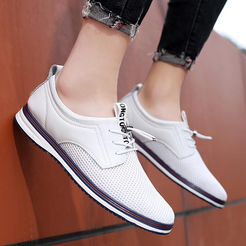 2024 New Summer Men's Mesh and Two-layer Cowhide Casual Shoes Men Slip-On Flat Sapatos Hollow Out Comfortable Man Casual Shoes
