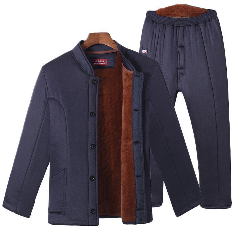 Woodpecker Winter Plus Velvet Dad Suit: Thickened Cotton Jacket & Pants for Middle-Aged & Elderly