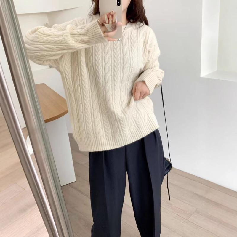 Soft waxy twist lazy knitted sweater for women's autumn and winter new casual thick loose pullover sweater top for women
