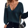 Suéter de Punto de Cuello en V para Mujer Color Sólido Otoño Nuevo Estilo Manga Larga Casual Suelto Top con Lazo para Mujer