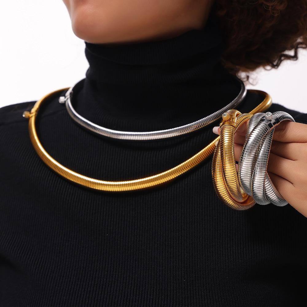 Titanium Steel Plated with 18K Gold, Personalized Exaggerated Zircon-inlaid Open Multi-ring Bracelet, Creative Necklace, Two Kinds of Wear