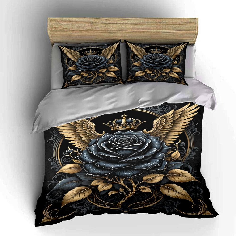 Black Rose with Wings and Crown Bedding Duvet Cover Set (1*Duvet Cover 2*Pillowcases, without duvet insert)