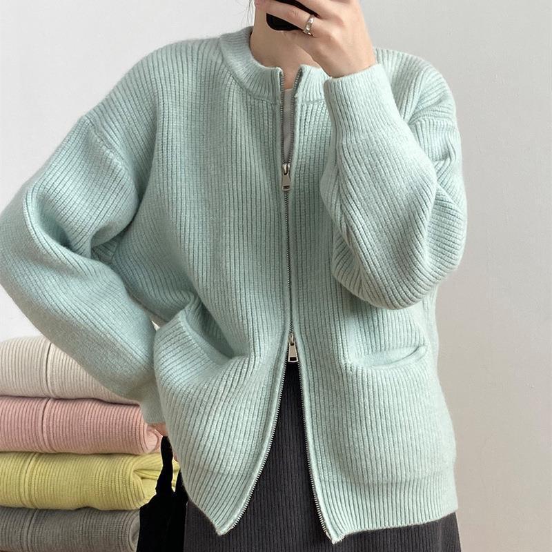 Double zipper solid color design sweater cardigan women's spring and autumn new Korean loose casual knitted sweater women
