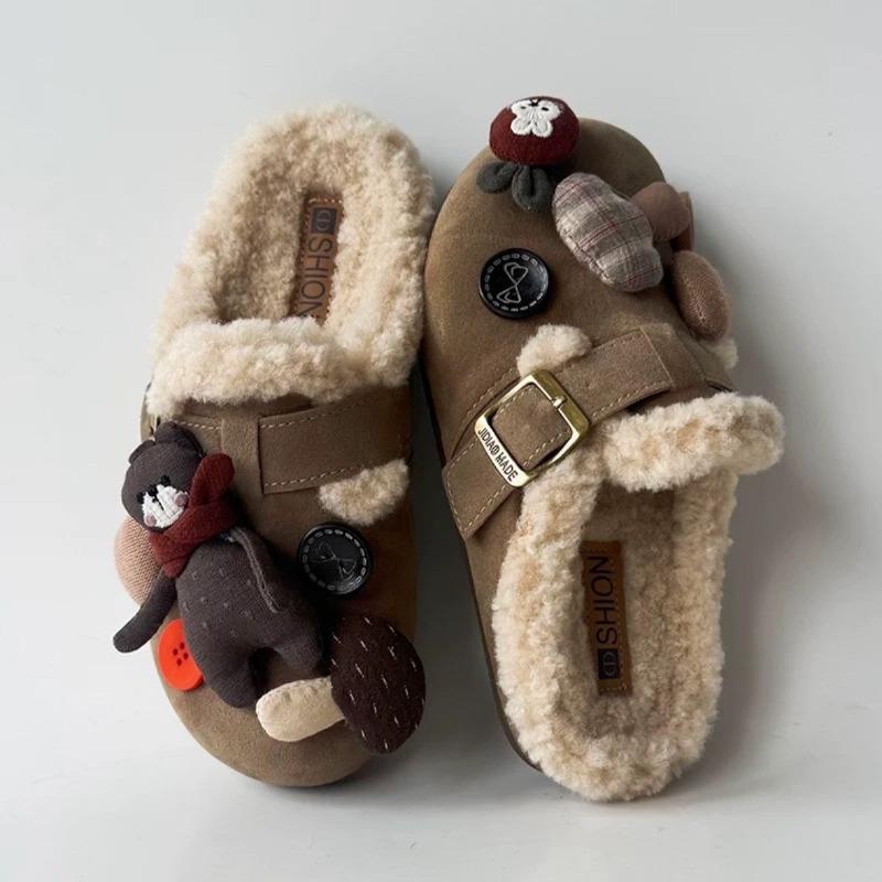 Schal Bär All-Inclusive Samt Damen Winter Neu Ein-Pedal Flauschige Schuhe Plateau-Sohle Retro Einzelne Schuhe