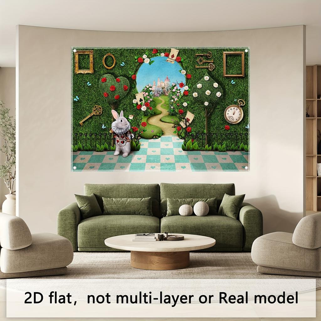 Wonderland Enchanted Tea Backdrop, Checkerboard Rabbit Photo Background, Fairy Tale Key Hold Birthday Party Banner, Photo Booths Studio Props