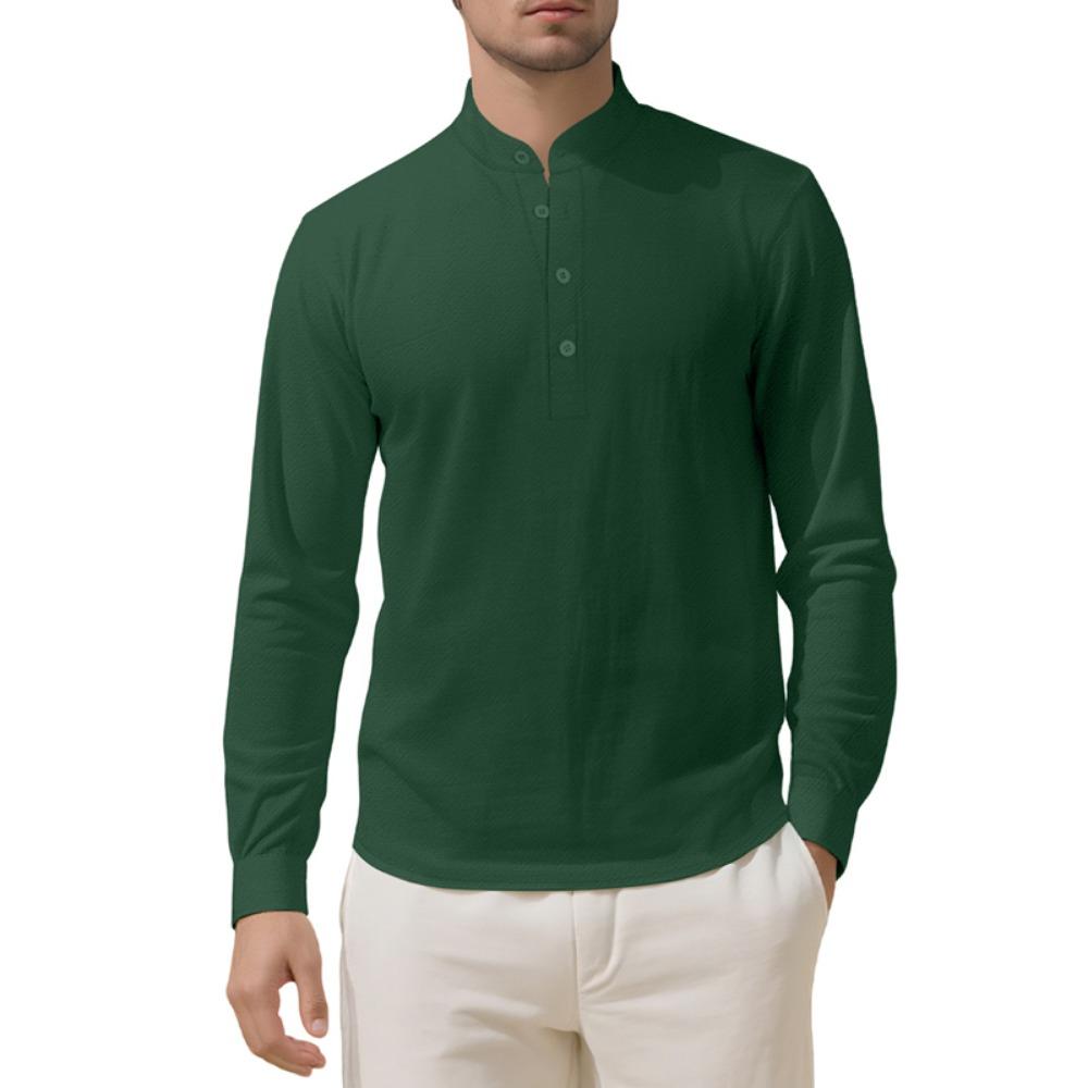 Pánské bavlněné lněné tričko s dlouhým rukávem Tenký volný top Retro Vintage Módní městské oblečení Stojatý střih Mládežnická velikost