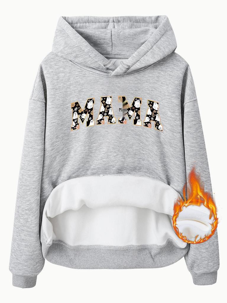 European & American Women's Fleece-Lined Hooded Sweatshirt with Kangaroo Pocket, MAMA Print - Autumn/Winter