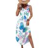 Women Sleeveless Floral Print Casual Loose Fit Long Dress Round Neck Side Slit Summer Maxi Dress for Daily Wear