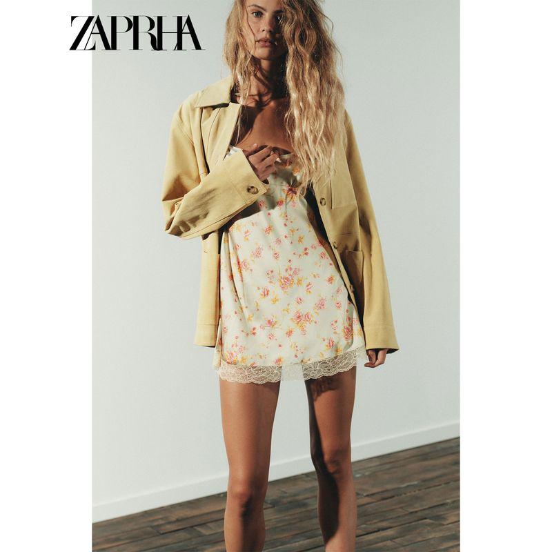 Zaprha 2025 Autumn New Sexy Flower Print Silk Satin Texture Sling Dress Short 8697441