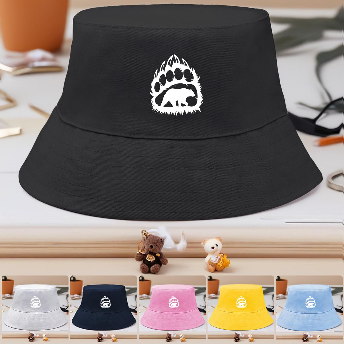 

Bucket Hat With White Hollow Paw Print Print , Brown Bear Fisherman Cap Beach Simple Candy Color Beach Hat as the picture синій