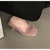 New Summer Transparent High Heels Fur Slippers Women Feather Sandals Peep Toe Mules Pumps Slides Party Shoes Pink