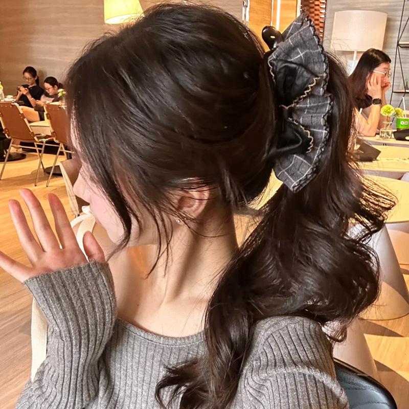 Vintage Plaid Bow Hair Claw Clips Women'S Trendy Hair Accessories Leather Bow Ruffle Design Grid Pattern Banana Clip Headdress