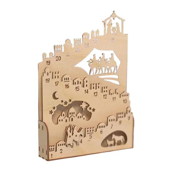 Nativity Advent Calendar Rustic Wooden Christmas Countdown Calendar Light-Up Tabletop Xmas Centerpiece for Cabinet Desk Shelf Mantel Decoration