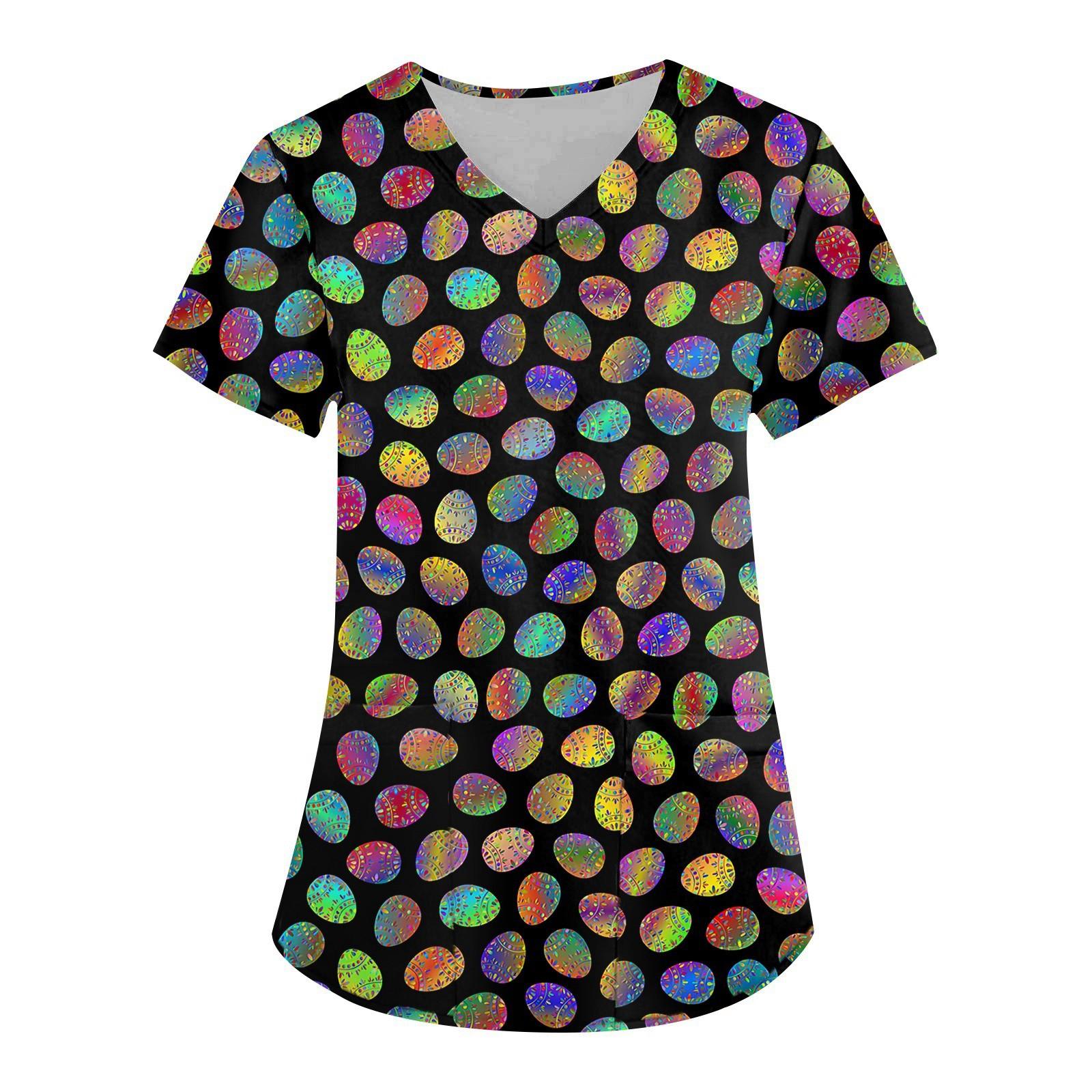 

Женская мода с v-образным вырезом, короткими рукавами и карманами, топы с пасхальным принтом M чёрный