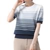 Women's Ice Silk Striped Short-Sleeve T-Shirt, Summer 2023 Style, Belly-Covering Top for Middle-Aged Mothers