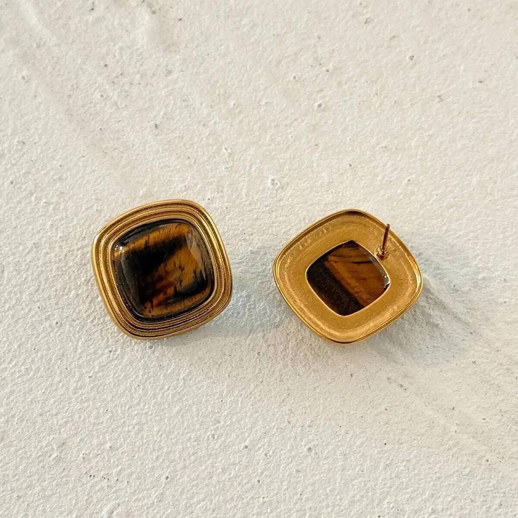 Salircon Classic Retro Tiger Eye Stud Earring For Women 18K Gold Plated Stainless Steel Piercing Ear Accessories Jewelry Gifts