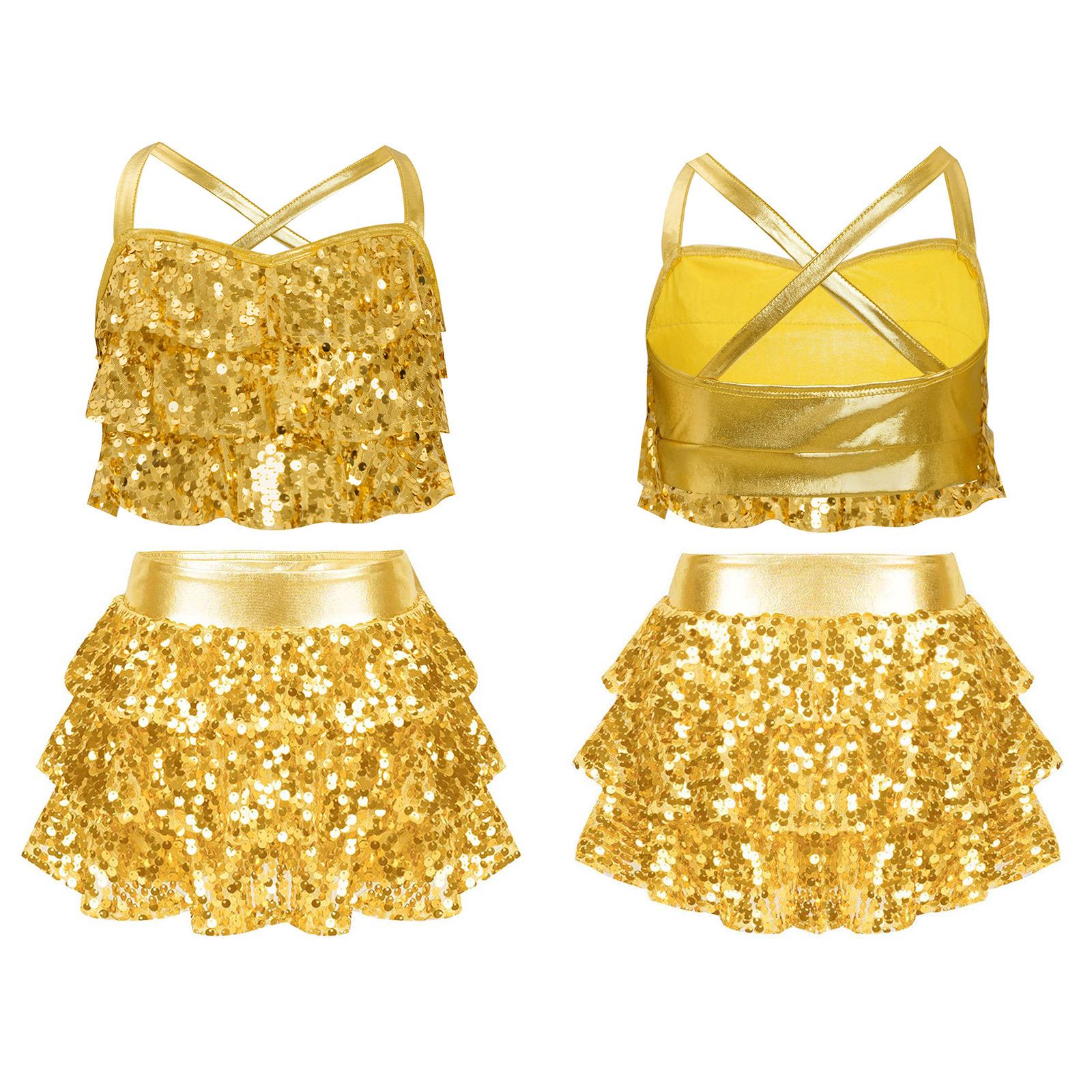 

Дівчинка Блискучий Металік Костюм для Джазового Танцю з Паєтками Костюм Блискучий Металік Кроп-Топ з Ярусною Спідницею-Юнітардом Шкільний Костюм для Баскетбольної Чирлідингу 7-8 Years золотий