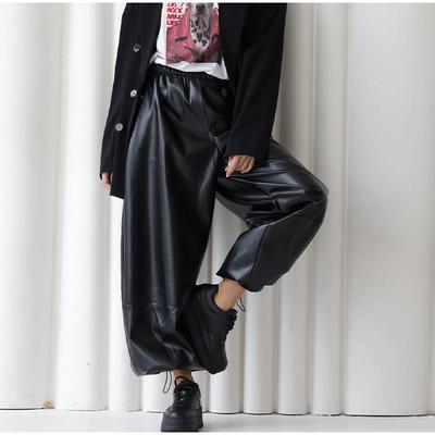 Drawstring Drawstring Lantern Leather Pants Women's Solid Color Autumn and Winter New Leather Pants Daily All-match Style Women's Pants