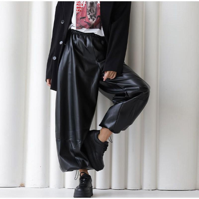 

Брюки-фонарики на кулиске, женские однотонные, новые, осенне-зимние, кожаные брюки, повседневный стиль, подходящие ко всему L чёрный