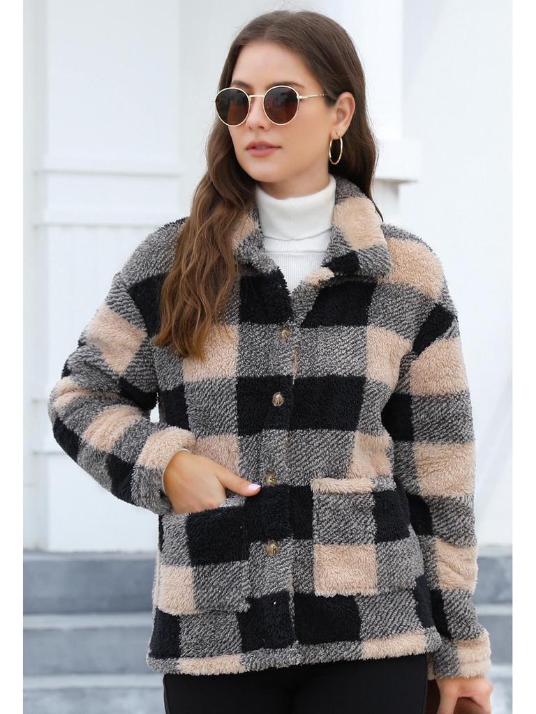 Karierter Plüschmantel mit langen Ärmeln und aufgesetzten Taschen - Europäische & Amerikanische Wintermode