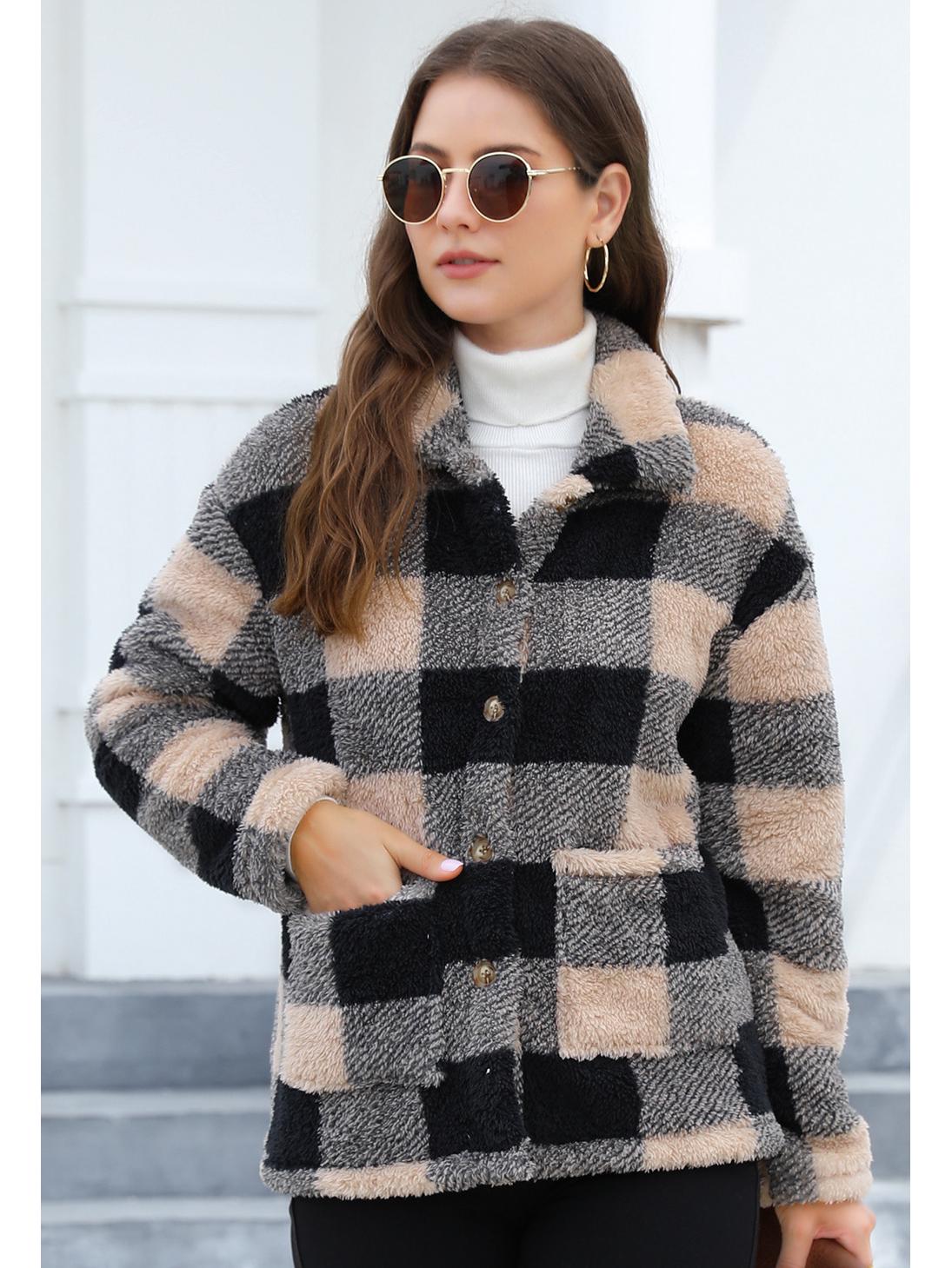

Плюшевое пальто в клетку с длинными рукавами и накладными карманами - Европейская и американская зимняя мода Extra Large хаки