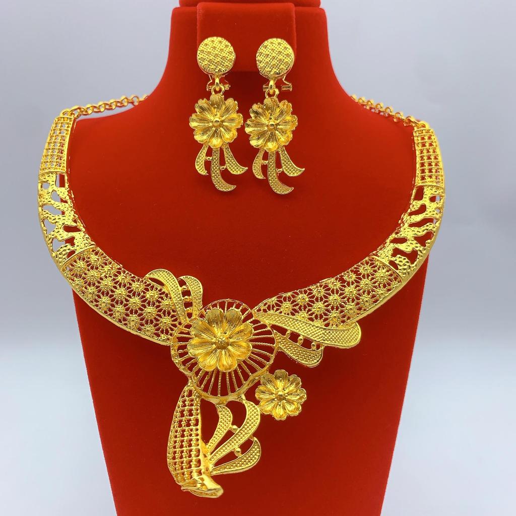 Gold-Plated Brass Flower Necklace & Earrings Set for Women's Wedding Jewelry
