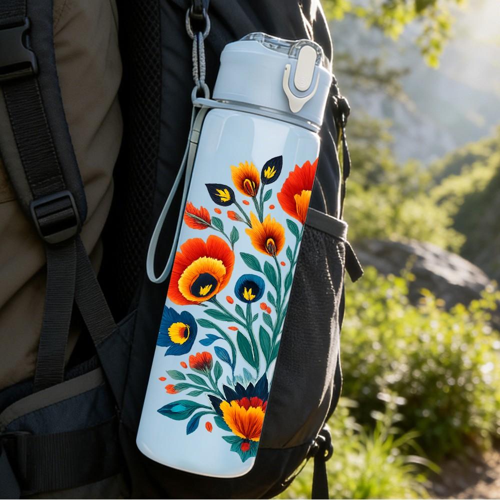 1PC Multi Color Folk Flower 750ml Color Plastic Sports Water Bottle Leakproof Flip Straw Lid Suitable for Sports Office Home Use