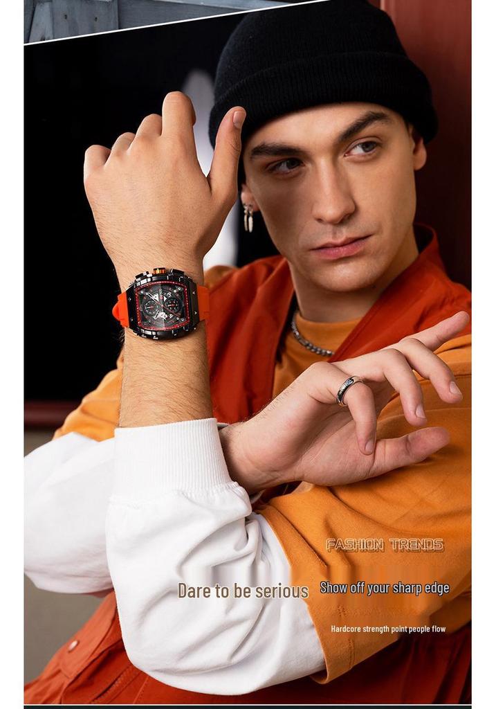 Oufanni Shixuan Trendy Men's Quartz Watch - Cool Black, Luminous, Waterproof, Calendar, Six-Hand Business Design