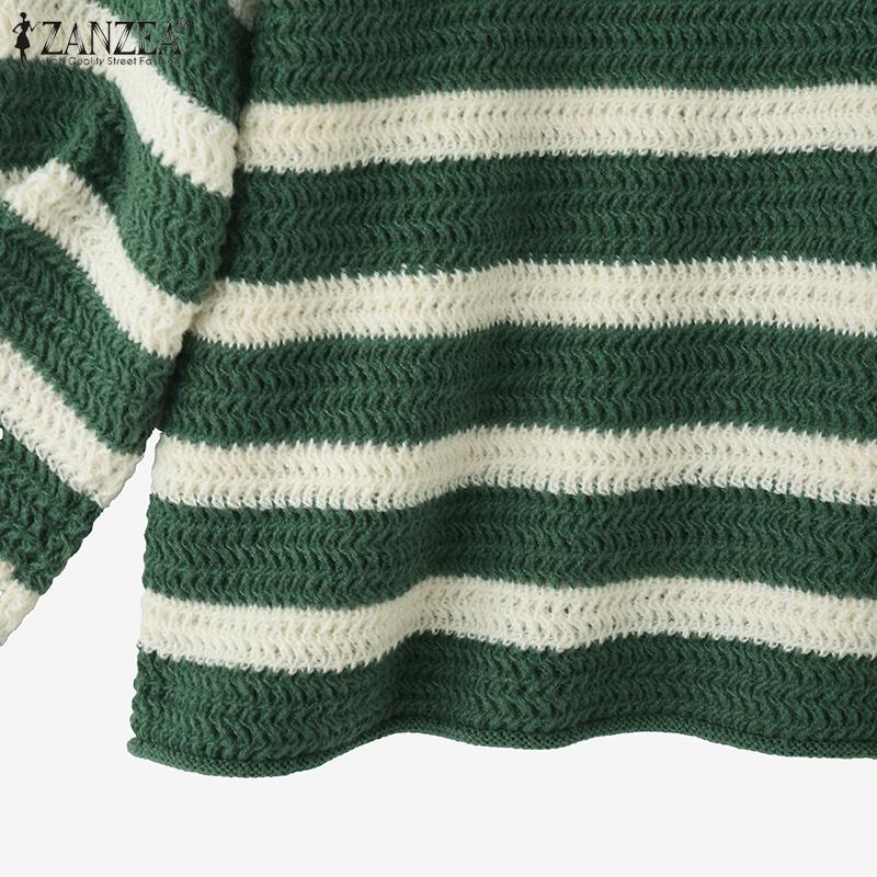 ZANZEA Women O-neck Long Sleeve Striped Knitted Pullover Sweaters Knitwear Jumpers