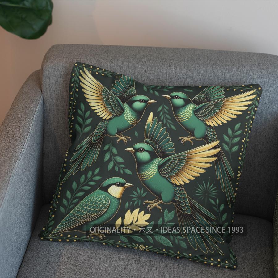 2D Flying Birds With Green & Gold Pattern Pillow Cover Pattern Cushion Cover Suitable For Sofa Bedroom Car Pillow Cover