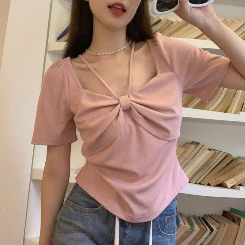 

Женская одежда Стильные пуловеры с бантом, облегающие фигуру, Летняя футболка с коротким рукавом, элегантным квадратным вырезом, однотонная, универсальная L розовый
