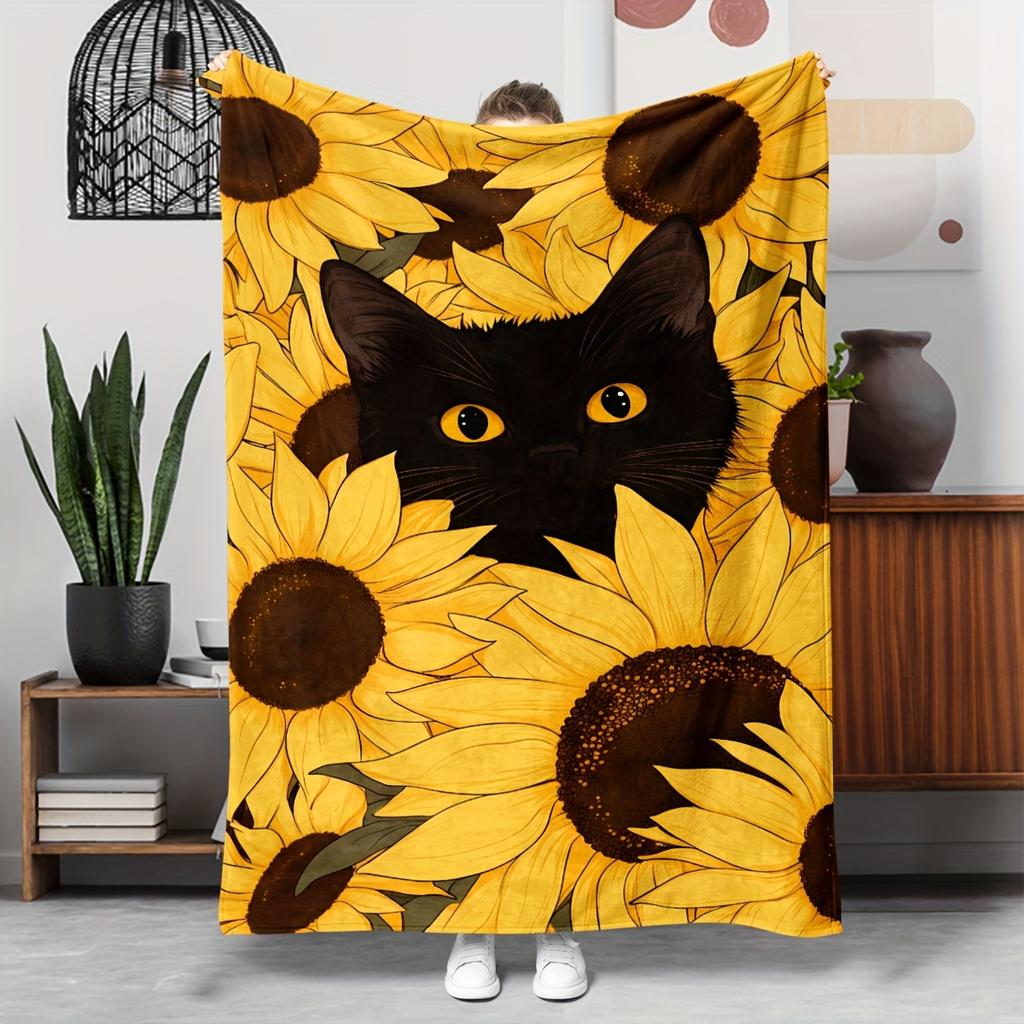 1pc Printed Black Cat and Sunflower Pattern Blanket Polyester Fabric Machine Washable Suitable for Bedroom and Living Room